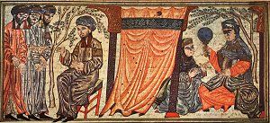 Abraham receiving the Three Strangers and Sarah in the tent. Illustration from Jami' al-Tawarikh of Rashid al-Din. Tabriz, 1314. Click for larger image.
