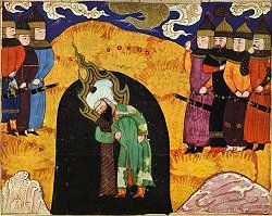 Ali removes a Pillar placed by Solomon in a Cave and releases a supply of good water. Shiraz, 1480. Click for larger image.