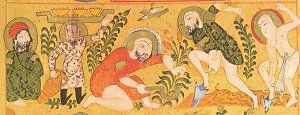 The Physician Andromakhos watches agricultural activities, Northern Iraq, 1199. Click for complete painting.
