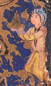 Detail from The Mir'aj: Muhammad on Buraq, from the Khamsa of Nizami, Persian, mid-16th century CE. Click for complete painting.