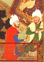Detail from Barbad Playing Music to Khusraw, attributed to Mirza 'Ali. Persian, 16th century. Click for complete painting.