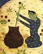 Churning butter, detail from 10th/16th century Persian dictionary. Click for larger image.