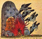 The Crows using their Wings to fan the Fire with which they kill their Enemies, the Owls. Syria, 14th century. Click for larger image.