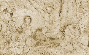 Dervishes sitting beneath a tree, Isfahan, 17th century. Click for larger image.