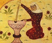 Pounding grain, detail from 10th/16th century Persian dictionary. Click for larger image.