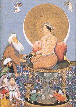 Emperor Shah Jahan presenting a book to Shaykh Husayn, descendant of Muiniddin Chishti and superintendent of the shrine at Ajmer, where Jahangir lived from 1613 to 1616. Click for complete painting.