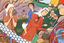 Detail from Qays's First Glimpse at the Fair Layla, attributable to Muzaffer 'Ali. Persian, 16th century. Click for complete painting.