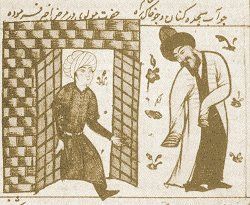 Mevlana outside of Husamuddin's shop. Detail from . Click for larger image.