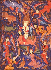 Ascent of the Prophet to Heaven, Persian, 1550. Click for larger image.
