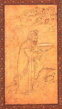 An Old Man Carries A Bowl, Persian, 1610-15. Click for larger image.