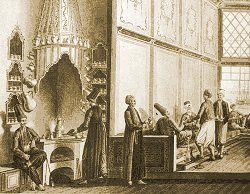 Ottoman coffeehouse, 19th century European engraving. Click for larger image.