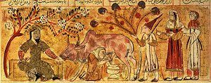 Bahram Gur in the peasants' house. Shiraz, 1341. Click for larger image.