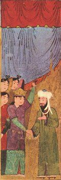 The Prophet Muhammad Received by the Four Angels, Persian, 1436. Click for complete painting.