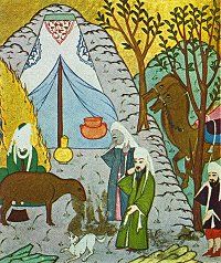 Muhammad and Abu Bakr visit poor Bedouins who have no sustenance to share until the Prophet makes their ewe give milk. Click for larger image.