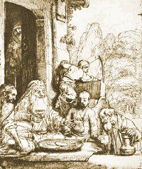 Abraham Entertaining the Angels, Rembrandt, 1656. Click for larger image.