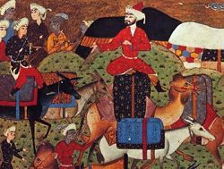Sadi holds forth on horseback. Detail of Persian painting.