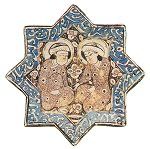Start-shaped tile with seated figures and calligraphy, Kashan, 13th century. Click for larger image.
