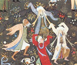 Dervishes dancing, detail from Persian Timurid manuscript, 896/1490. Click for complete image.